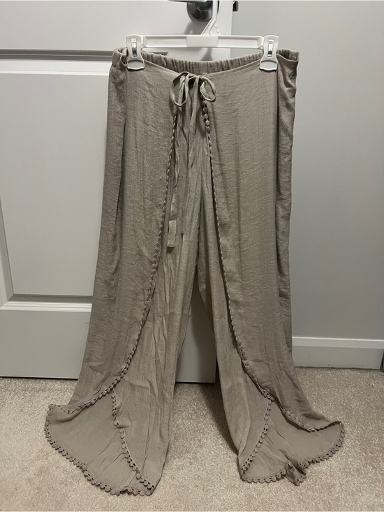 by & by Pants - Women’s Wide-Leg boho Pants with Pom Trim - Taupe